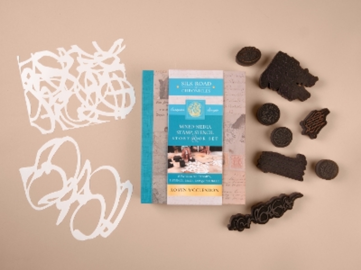 Picture of Mixed-Media Stamp, Stencil, and Storybook Set European Scripts: 8 Premium Art Stamps, 2 Stencil Masks, and 32-Page Instruction Booklet; Great for Gel Plate Printing