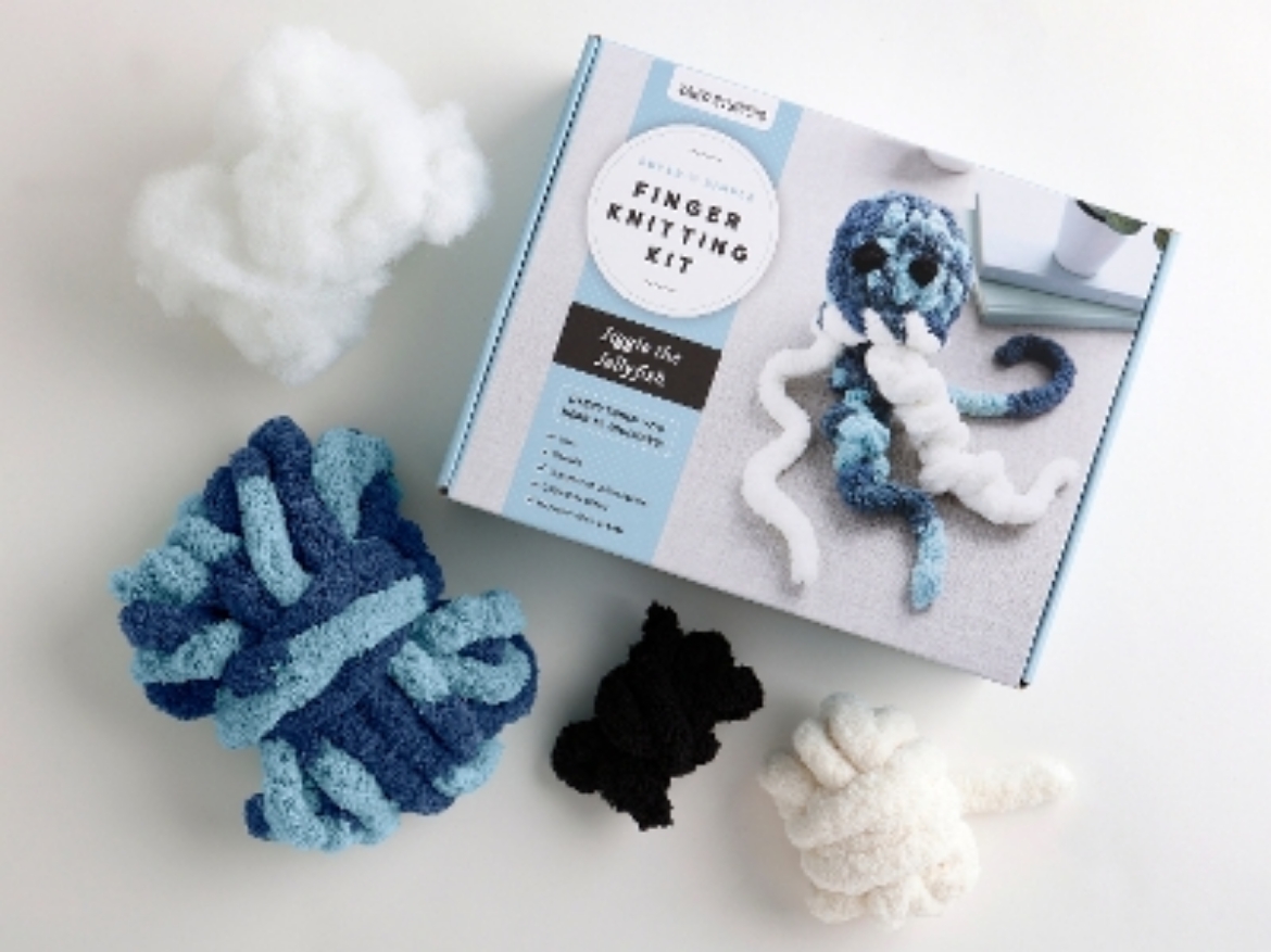 Picture of Super Simple Finger Knitting Kit Jiggle the Jellyfish: Everything You Need Is Included: Chunky Yarn, Fiberfill, Instruction Booklet, Exclusive Step-by-Step Video, and Collectible Sticker; Beginner Fri