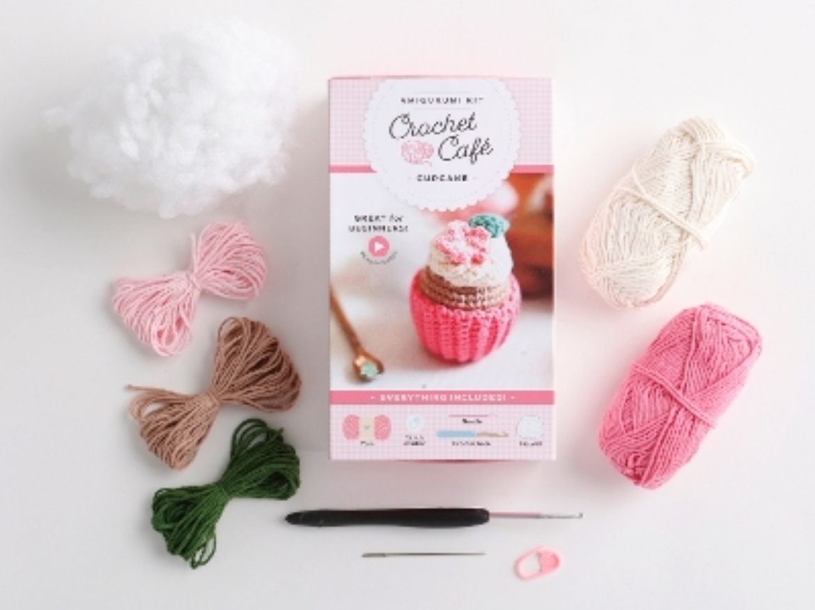 Picture of Crochet Café Amigurumi Kit Cupcake: Everything You Need Is Included: 100%-Cotton Yarn, Crochet Hook, Stitch Marker, Tapestry Needle, Fiberfill, Step-by-Step Leaflet, and Exclusive Instruction Videos; 