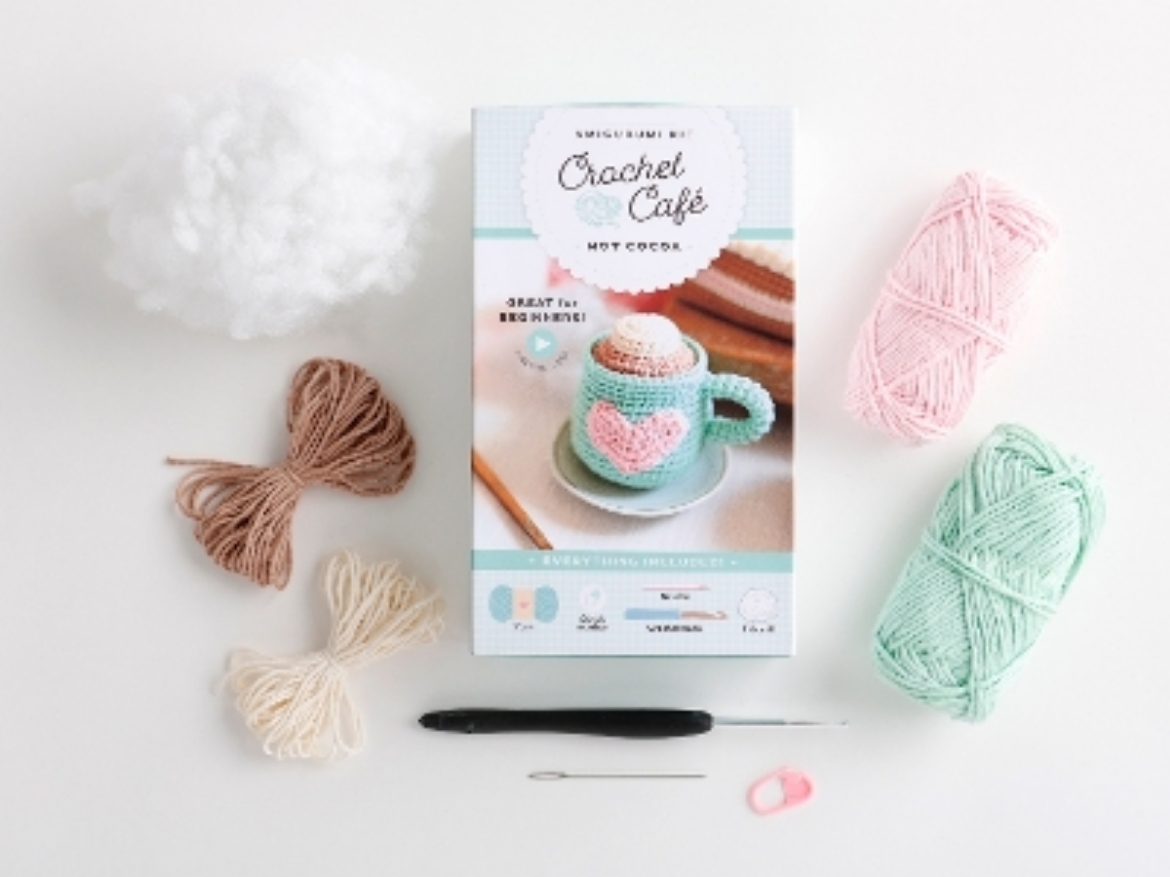 Picture of Crochet Café Amigurumi Kit Hot Cocoa: Everything You Need Is Included: 100%-Cotton Yarn, Crochet Hook, Stitch Marker, Tapestry Needle, Fiberfill, Step-by-Step Leaflet, and Exclusive Instruction Videos