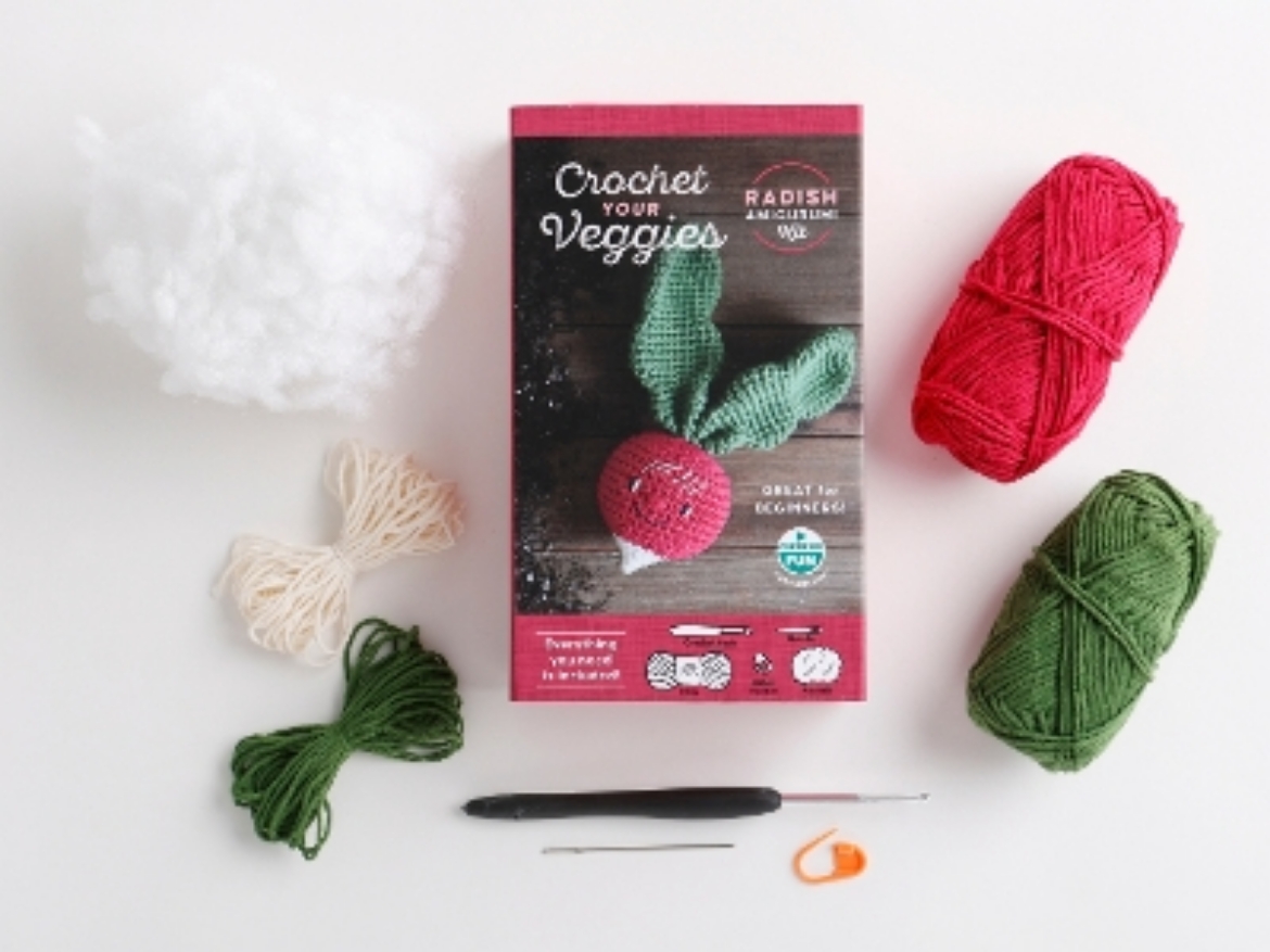 Picture of Crochet Your Veggies Amigurumi Kit Radish: Everything You Need Is Included: 100%-Cotton Yarn, Crochet Hook, Stitch Marker, Tapestry Needle, Fiberfill, Step-by-Step Leaflet, and Exclusive Instruction V